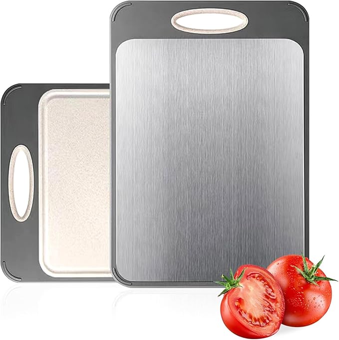 Cutting Board Double Sided,Large Stainless Steel Cutting Boards,Wheat Straw Cutting Boards for Kitchen,for Meat, Veggies, Fruits, with Easy Grip Handle,Dishwasher Safe (1, Large) by Newraturner