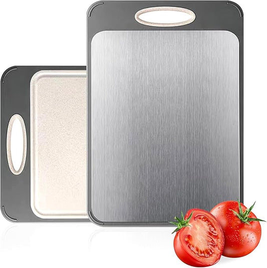 Cutting Board Double Sided,Large Stainless Steel Cutting Boards,Wheat Straw Cutting Boards for Kitchen,for Meat, Veggies, Fruits, with Easy Grip Handle,Dishwasher Safe (1, Large) by Newraturner