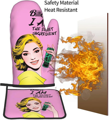 Cute Pink Oven Mitts and Pot Holders Set of 3, Heat Resistant Non-Slip Funny Hot Pad and Kitchen Gloves, Spring Funny Gifts for Cooking Lovers Women, Fun Kitchen Decor for Baking Cooking Grilling - Image 7