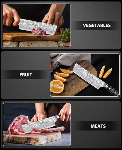 MOSFiATA 7” Nakiri Chef's Knife with Finger Guard, German High Carbon Stainless Steel EN1.4116 Vegetable Knife, Multipurpose Kitchen Knife with Micarta Handle in Gift Box - Image 8