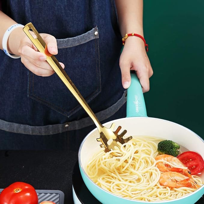 Gold Spaghetti Spoon, Berglander Pasta Server With Titanium Gold Plating, Stainless Steel Spaghetti Server For Cooking, Pasta Fork, Noddle Fork, Dishwasher Safe, Easy to Clean - Image 7