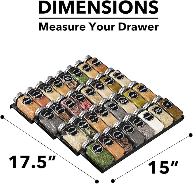 SpaceAid Spice Drawer Organizer with 32 Spice Jars, 386 Spice Labels, 4 Tier Seasoning Rack Tray Insert for Kitchen Drawers, 15" Wide x 17.5" Deep - Image 4