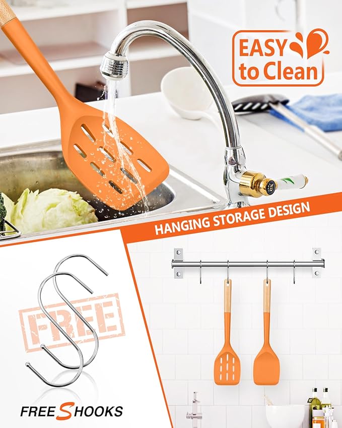 Pack of 2 Silicone Spatula, Non Stick Cooking Utensil Set, Wooden Handle Kitchen Turner for Baking Mixing Grilling Serving Food Heat Resistant (ORANGE) - Image 4