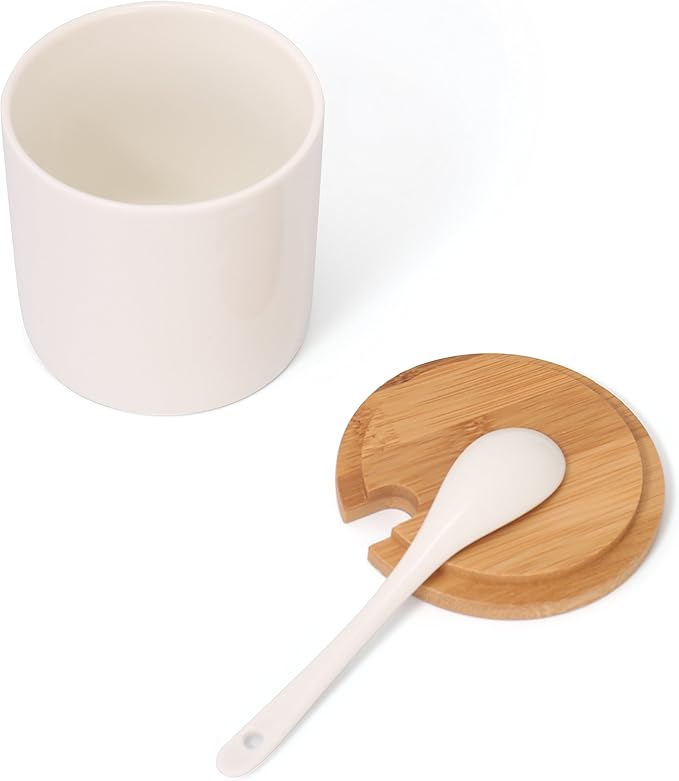 June Sky Ceramic Food Storage Containers with Bamboo Lid- Modern Design Porcelain Jar- Perfect Canister for Sugar Bowl Serving Tea, Coffee, Spice- Condiment Pot 8 oz, white