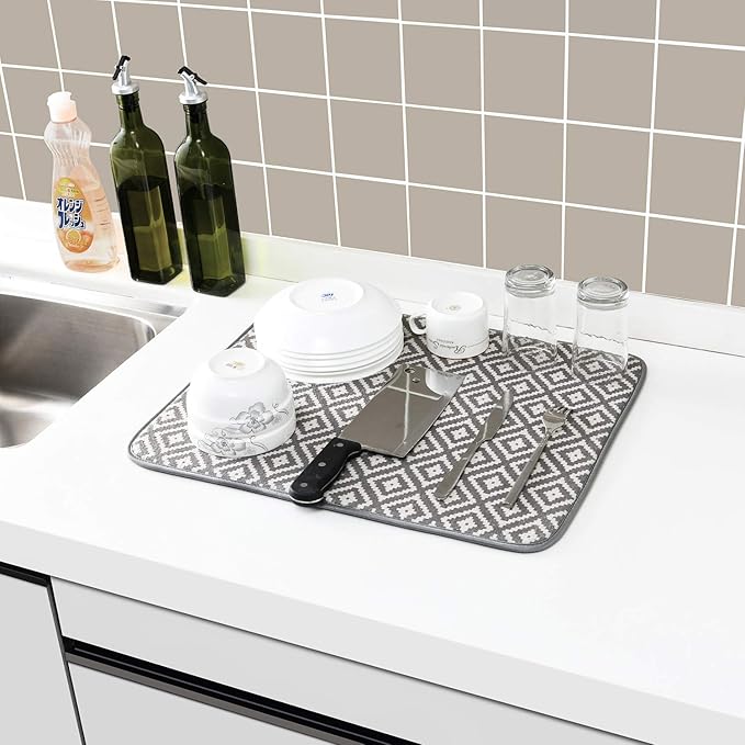 SUBEKYU Microfiber Dish Drying Mat for Kitchen Counter, Absorbent Dishes Drainer/Rack Pad for Countertop, 19.2 by 15.8 Inches (Rhombus), Grey, 1 Pack - Image 6