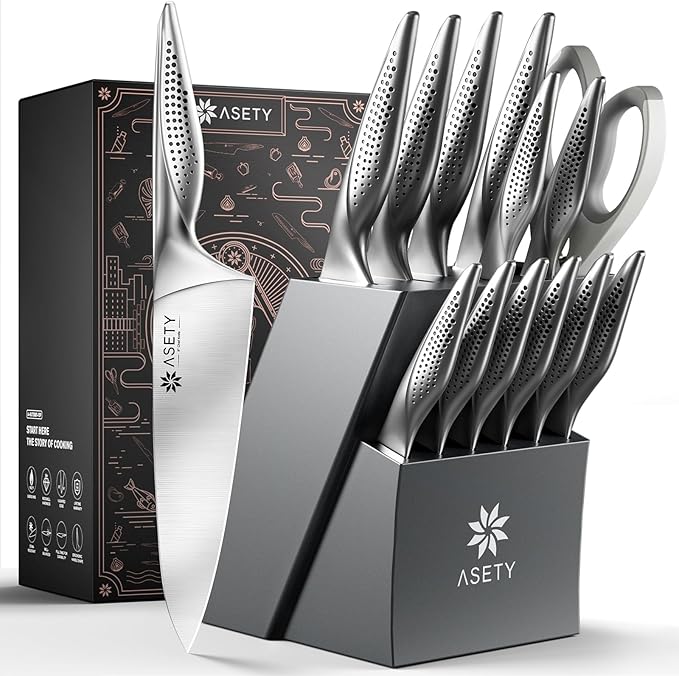 ASETY Knife Set - Ultra Sharp Knives Set for Kitchen with block, 15 PCS Stainless Steel Knife Set with Built-in Sharpener, Ergonomic Non-Slip Handle, Elegant Box for Men Women, Mothers Day by ASETY