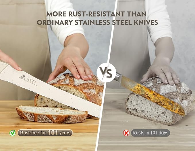 CoquusAid Upgrade Bread Knife for Homemade Bread, World‘s 1st Double Serrated Knife with 5 Thickness Adjustable Slicing Guide, Stainless Steel Bread Cutter, Razor Sharp for Sourdough, Creamy White - Image 5