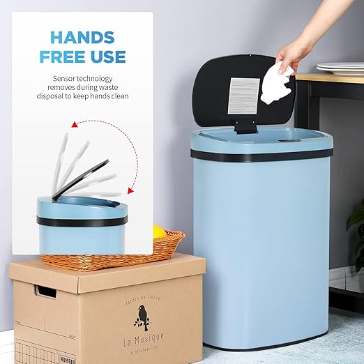 13 Gallon 50 Liter Garbage Can Kitchen Trash Can with Lid Automatic Sensor Touch Free Stainless Steel Waste Bin for Bathroom Bedroom Home Office (Blue) - Image 2