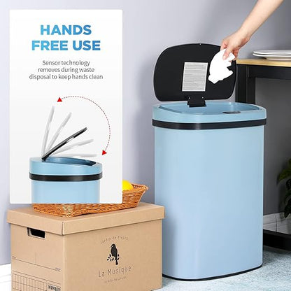 13 Gallon 50 Liter Garbage Can Kitchen Trash Can with Lid Automatic Sensor Touch Free Stainless Steel Waste Bin for Bathroom Bedroom Home Office (Blue) - Image 2