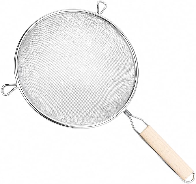 Huji 8-Inch Stainless Steel Double Mesh Food Strainer Colander - Fine Sieve Sifter with Wooden Handle for Kitchen Cooking, Pasta, Rice, Noodles, and More - Image 3