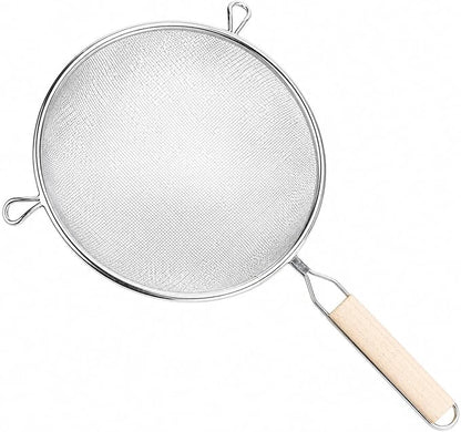 Huji 8-Inch Stainless Steel Double Mesh Food Strainer Colander - Fine Sieve Sifter with Wooden Handle for Kitchen Cooking, Pasta, Rice, Noodles, and More - Image 3