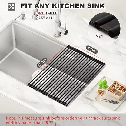 MERRYBOX Roll Up Over The Sink Dish Drying Rack Silicone Wrapped Foldable, Heat-Resistant, Anti-Slip Sink Rack Multipurpose Dish Drainer for Kitchen Sink Counter - Black, 17.5" x 11" - Image 2