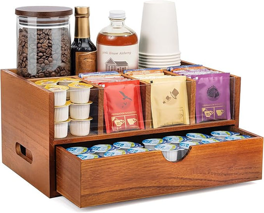 Coffee Bar Station Organizer for Countertop, Coffee and Tea Drawer Organizer, Koffee Cup Organizer Station Pod Holder with 2 Drawers