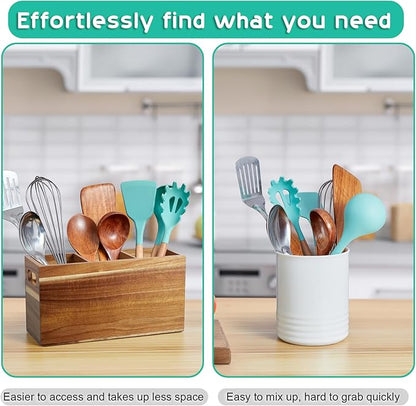 ALELION Acacia Wood Utensil Holder Organizer for Counter - Large Wooden Utensil Caddy for Countertop - 3 Compartment Cooking Tool Holder for Spatula - for Farmhouse Kitchen Decor and Accessories - Image 4