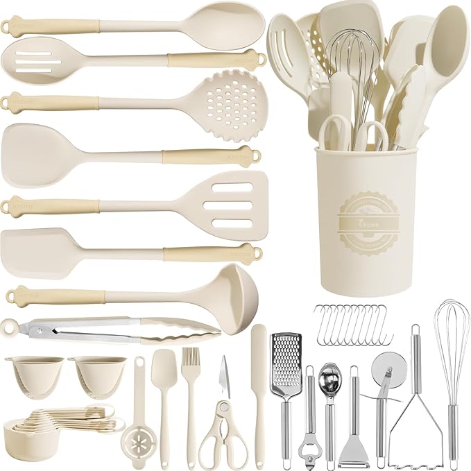 Kikcoin 43Pcs Large Kitchen Utensils Set - Silicone Cooking Utensils Set, Dishwasher Safe Spatula Set for Non-stick Cookware, 446°F Heat Resistant Kitchen Utensils Set with Holder BPA Free, Cream by Kikcoin