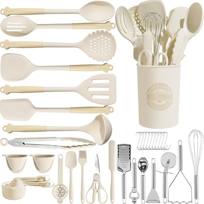 Kikcoin 43Pcs Large Kitchen Utensils Set - Silicone Cooking Utensils Set, Dishwasher Safe Spatula Set for Non-stick Cookware, 446°F Heat Resistant Kitchen Utensils Set with Holder BPA Free, Cream by Kikcoin