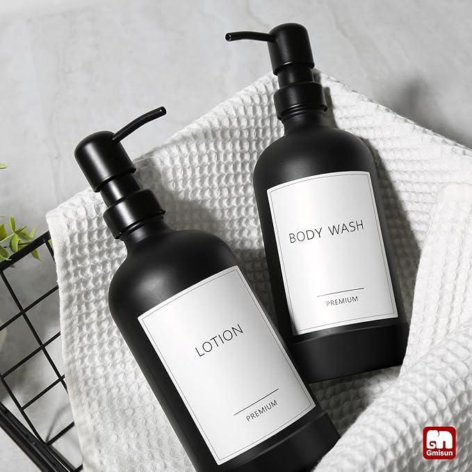 GMISUN Black Soap Dispenser with Silicone Sleeve Boot, 2 Pack Glass Bathroom Hand Soap Dispensers with Stainless Steel Pump, 17 Fl Oz Kitchen Hand and Dish Soap Dispenser Set, Liquid Dispensers Bottle - Image 8