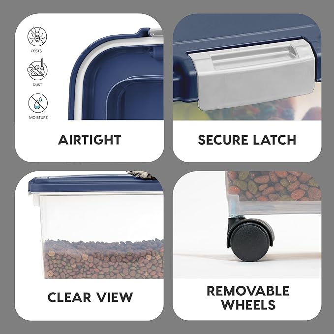 IRIS USA Airtight Dog Food Storage Container, Up to 40 lbs, Attachable Wheels, For Dog Cat Bird and Other Pet Food Storage Bin, Keep Fresh, Translucent Body, Easy Mobility, Navy - Image 4