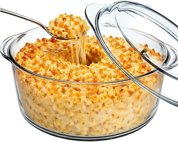 Ums 3.3 Quart Glass Casserole Dish with Lid, Round Glass Baking Dishes for Oven with Lid, Round Covered Casserole Dish, Microwave and Dishwasher Safe Clear Bakeware