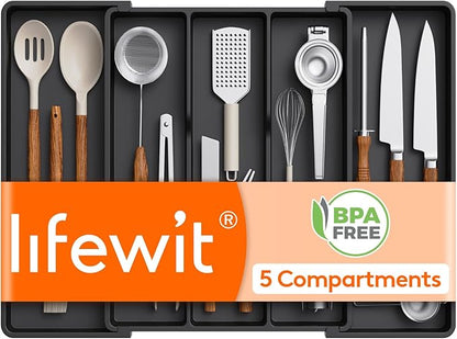 Lifewit Utensil Organizer for Kitchen Drawers, Expandable Cooking Utensil Tray, Adjustable Cutlery Silverware Flatware Holder, Plastic Spatula Tools Storage Divider, 16- 28 x 18.5", Black by Lifewit