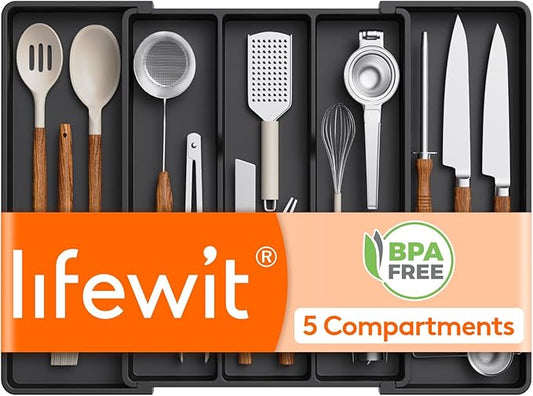 Lifewit Utensil Organizer for Kitchen Drawers, Expandable Cooking Utensil Tray, Adjustable Cutlery Silverware Flatware Holder, Plastic Spatula Tools Storage Divider, 16- 28 x 18.5", Black by Lifewit