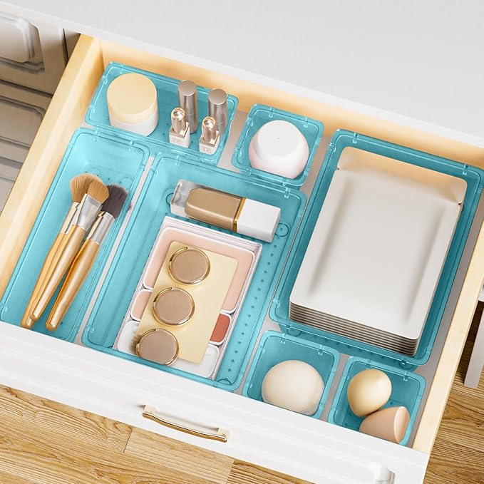 SpaceHacks 15 PCS Clear Plastic Drawer Organizer Set, 4-Size Acrylic Drawer Storage Trays, Storage Bins for Makeup, Gadgets, and Jewelry in Bathroom, Bedroom and Office, Clear Sea Blue - Image 7