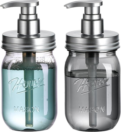 Amolliar Plastic Mason Jar Soap Dispenser with Pump Lid,16OZ Refillable Hand Soap Dispenser Set with Cute Lables - Farmhouse Decor for Kitchen Bathroom, Liquid Soap, Dish Soap, Lotion (2 Pack, Silver) by Amolliar