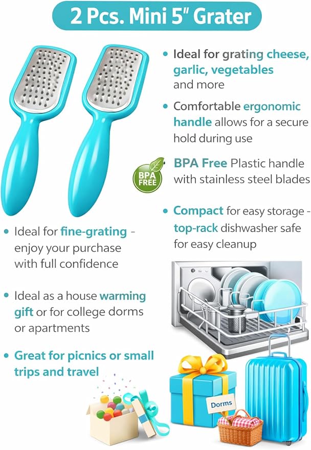 2 Pcs. Stainless Steel Mini Grater Cheese Garlic Nutmeg Chocolate 5" BPA Free (Blue)