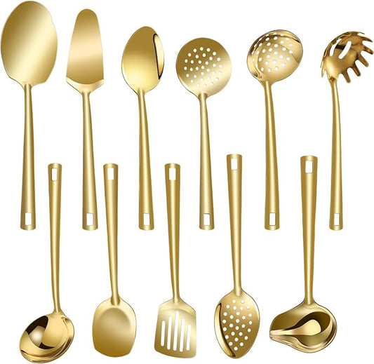 Lazycorner Cooking Utensil Set 11 Pcs Stainless Steel Kitchen Utensils Set Wok Utensils Kitchen Tool Set Spatula Set Heat Resistant Metal Kitchen Tools Ergonomic HandleEasy to Clean Dishwasher Safe