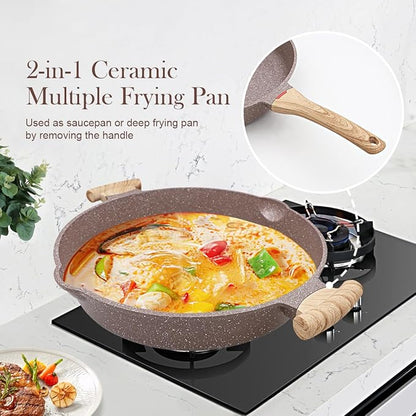 AIKENBBKK Ceramic Frying Pan with Lid, 14 Inch Saute Pan, Non Stick Frying Pans, 2-In-1 Large Cooking Pan, Nonstick Skillet, Compatible with All Stoves, PTFE & PFOA Free, Brown - Image 3