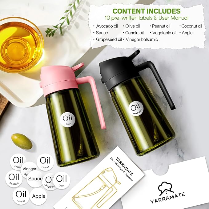 YARRAMATE 16oz/470ml Dark Green Oil Sprayer for Cooking with Stickers, Food-grade Premium 2 in 1 Olive Oil Dispenser Bottle for Kitchen Gadgets, Air Fryer, Salad, Frying, BBQ (Pink) - Image 4