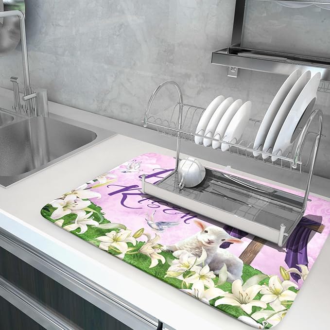 Giwawa Easter Purple Dish Drying Mat, He is Risen Cross Lamb Floral Dish Drainer Mats, Spring Lily Flowers Reversible Dish Drying Rack Pad Protector for Kitchen Countertop Decor, 18"x24"