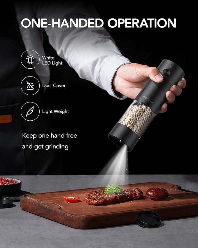 FORLIM Electric Salt and Pepper Grinder Set, USB Rechargeable, Automatic Salt Pepper Mill Grinder with Dust Cover, One-Button Control, Adjustable Coarseness, White LED Light (2 Packs, Black) - Image 2