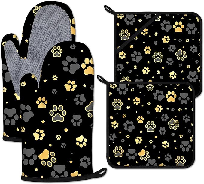 Gold Dog Paw Print Oven Mitts and Pot Holders Sets Heat Resistant 4Pcs Potholders Oven Gloves Hot Pads for Kitchen Baking Cooking Grilling BBQ