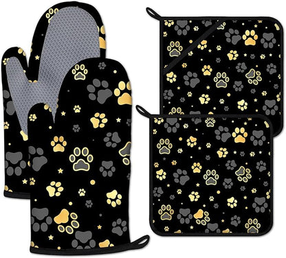 Gold Dog Paw Print Oven Mitts and Pot Holders Sets Heat Resistant 4Pcs Potholders Oven Gloves Hot Pads for Kitchen Baking Cooking Grilling BBQ