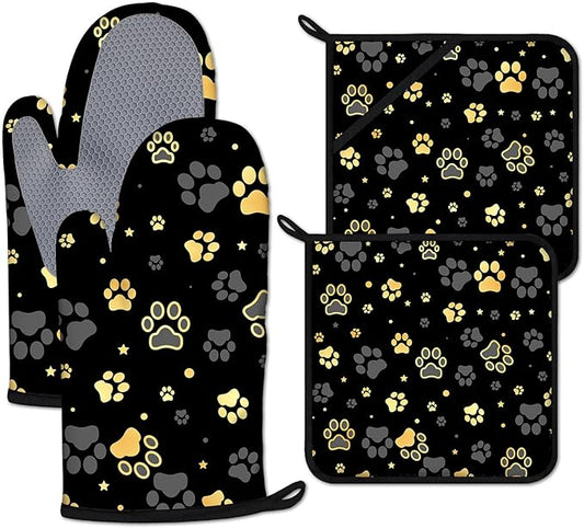 Gold Dog Paw Print Oven Mitts and Pot Holders Sets Heat Resistant 4Pcs Potholders Oven Gloves Hot Pads for Kitchen Baking Cooking Grilling BBQ