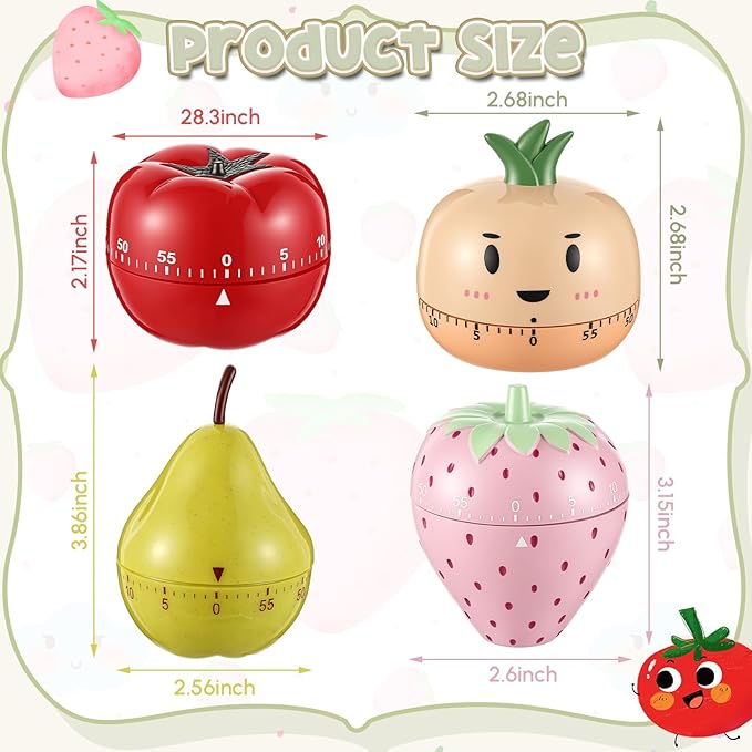 Amylove 4 Pieces Cute Kitchen Timer, Animal Mechanical Manual, Tomato, Strawberry, Pineapple, Pear, 60 Minutes Loud Alarm Egg Windup Timer, for Adults Christmas Home Cooking Baking Fitness Beauty