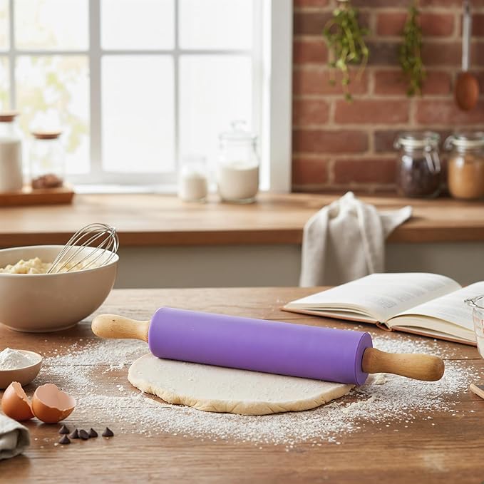 Koogel Rolling Pin for Baking, 12 Inch Non-Stick Silicone Surface, Wooden Handle Rolling Pin for Baking Pies, Pastry, Cookies, Kitchen Essential - Image 5