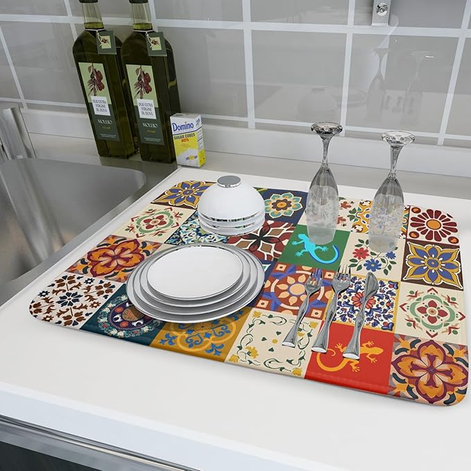 Giwawa Mexican Tile Dish Drying Mat 18"x24" Talavera Boho Floral Print Dish Drainer Mats Rustic Ethnic Traditional Reversible Large Dish Drying Pad Protector for Kitchen Countertop Decor
