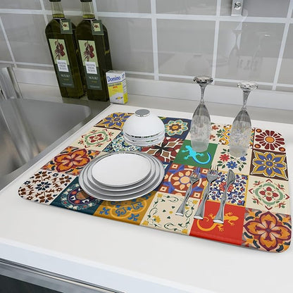 Giwawa Mexican Tile Dish Drying Mat 18"x24" Talavera Boho Floral Print Dish Drainer Mats Rustic Ethnic Traditional Reversible Large Dish Drying Pad Protector for Kitchen Countertop Decor