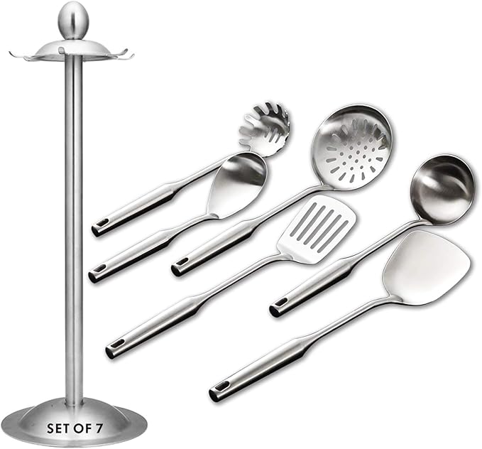 Kitchen Utensil Set – 6 Piece Stainless Steel Cooking Utensils with Rotating Holder Organizer Includes Slotted Spoon, Slotted Spatula, Large Spoon, Soup Ladle, Spatula, Pasta Server Silver/7PCS by GXONEHomeKitchen