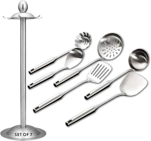 Kitchen Utensil Set – 6 Piece Stainless Steel Cooking Utensils with Rotating Holder Organizer Includes Slotted Spoon, Slotted Spatula, Large Spoon, Soup Ladle, Spatula, Pasta Server Silver/7PCS by GXONEHomeKitchen