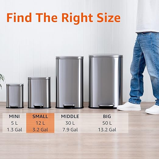Amazon Basics Smudge Resistant Small Rectangular Step Pedal Trash Can with Soft-Close Lid, Removable Inner Bucket, Brushed Stainless Steel, 12 Liter/3.1 Gallon, Satin Nickel Finish - Image 4