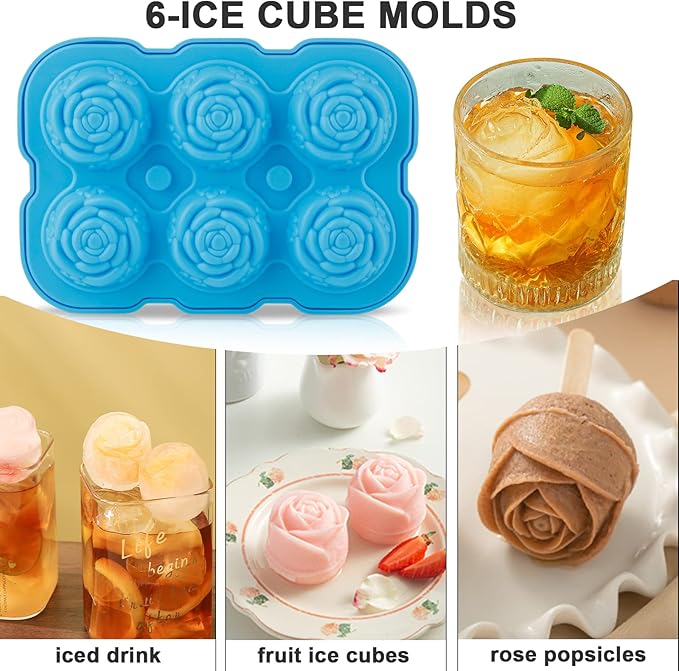 Ice Cube Tray, Mikiwon 2 inch Rose Ice Cube Trays With Covers, 6 Cavity Silicone Rose Ice Ball Maker, Easy Release Large Ice Cube Form for Chilled Cocktails, Whiskey, Bourbon & Homemade Juice (Blue) - Image 4