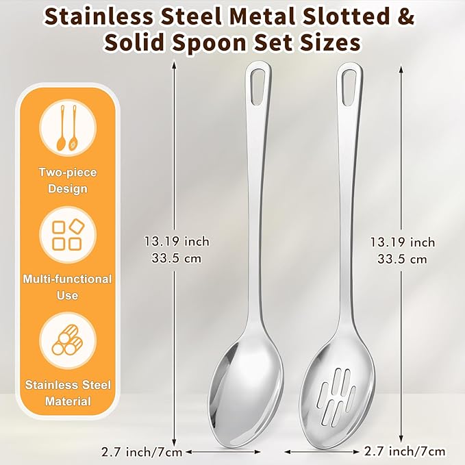 Stainless Steel Cooking Spoon, Slotted Metal Serving Spoon, Heavy Duty Sturdy Large Soup Ladle, High Heat Resistant Kitchen Cooking Utensils for Mixing, Stirring, Ergonomic Handle, Easy to Clean - Image 5