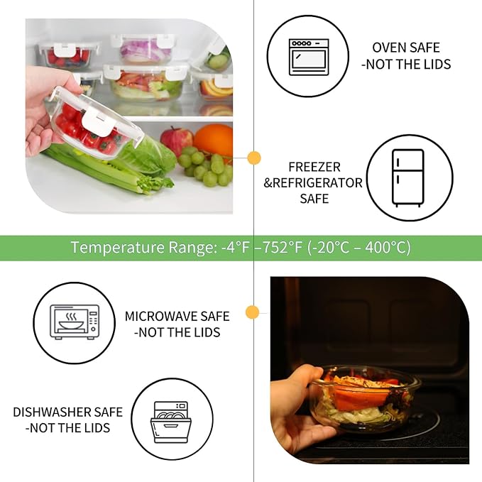 HOMBERKING Glass Food Storage Containers with Lids, [18 Piece] Meal Prep Containers, Airtight Lunch Bento Boxes (9 lids & 9 Containers) - White - Image 3
