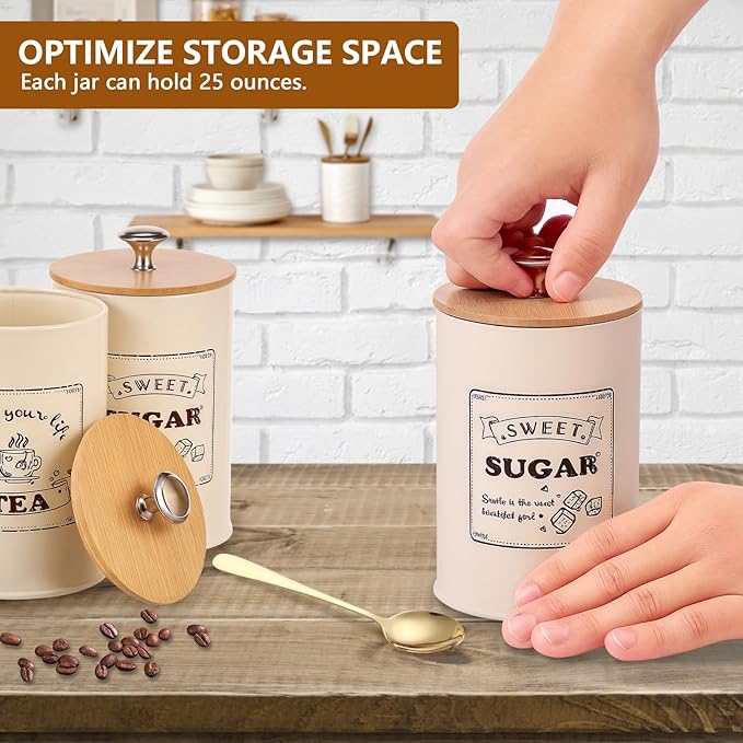 3 Pack Coffee Tea Sugar Container Set with Bamboo Lids Airtight Metal Canister Sets for Kitchen Counter Vintage Coffee Bar Container Set Rustic Farmhouse Kitchen Decor