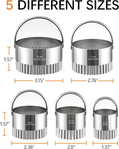Biscuit Cutter Set with Handle, 5 Piece Stainless Steel Fluted Round Cookie Cutter Tool, Multi Size Wave Edge Dough Donut Cutters for Baking Cakes, Biscuits, Pastry Dough