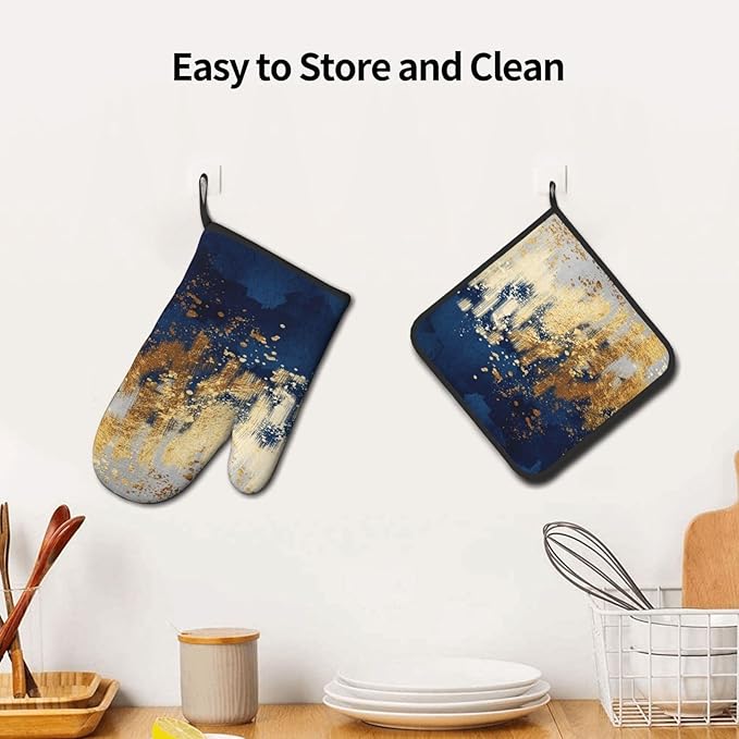 Blue and Gold Watercolor Abstract Oven Mitts and Pot Holder Sets of 3, Non-Slip Heat Resistant Decor Navy Kitchen Gloves with Hanging Loop for Cooking Baking Grilling, Kitchen Gifts for Cooking Lover - Image 5