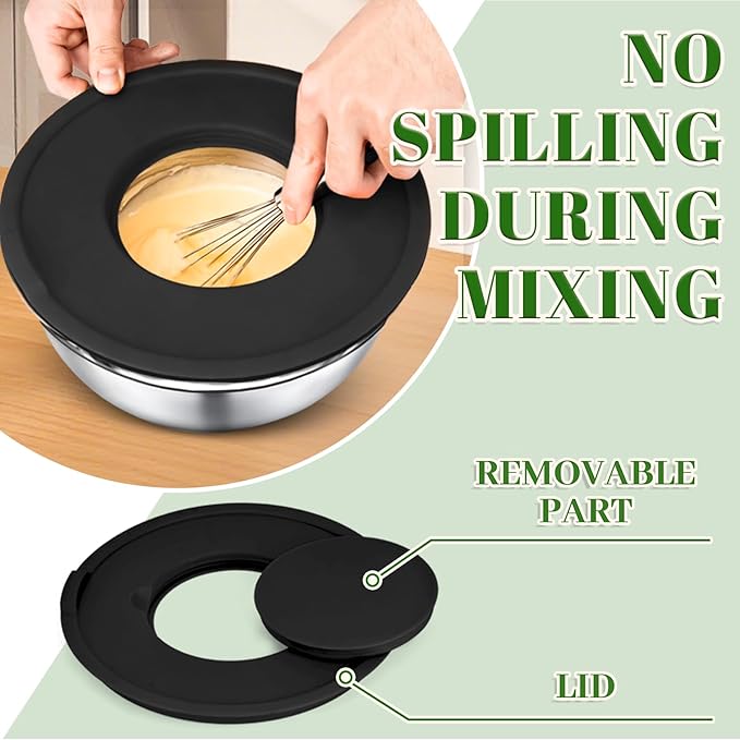 8PCS Mixing Bowls with Lids Set - 5 Nesting Mixing Bowls, 3 Grater Attachments, Lids, Stainless Steel Mixing Bowls for Mixing & Serving, Size 1.5/2.1/3.5/4/4.5 QT, Black - Image 4